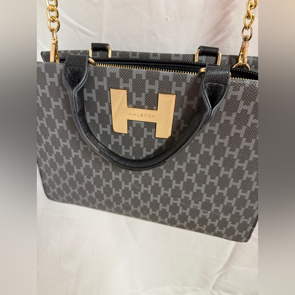 Halston Heritage Black and Gray Satchel with Gold Accents